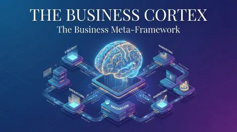 Digital brain connects to glowing devices in a blue, tech-themed business graphic.