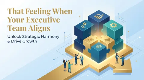 Businesspeople assembling puzzle pieces with business icons on a golden arrow platform.