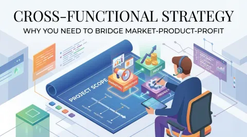 Man at desk with a headset, reviewing a strategic project plan on a digital blueprint.