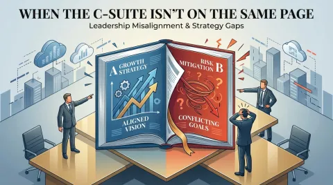Executives argue around a large book with conflicting business strategies in a boardroom.