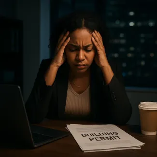 Woman at desk looking stressed, hands on head, with building permit papers and laptop.